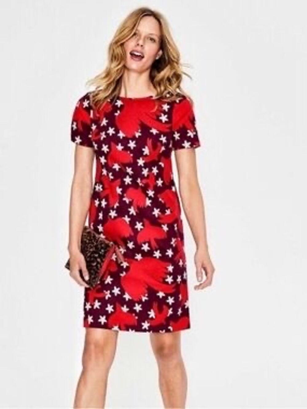 Boden Easy‎ Shift Dress Womens US 6L Burgundy Red Bird Floral Cotton Blend